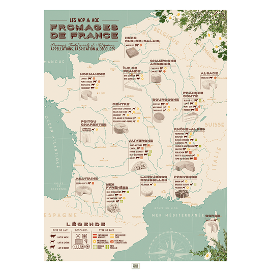 Affiche carte des fromages de france, affiche vintage