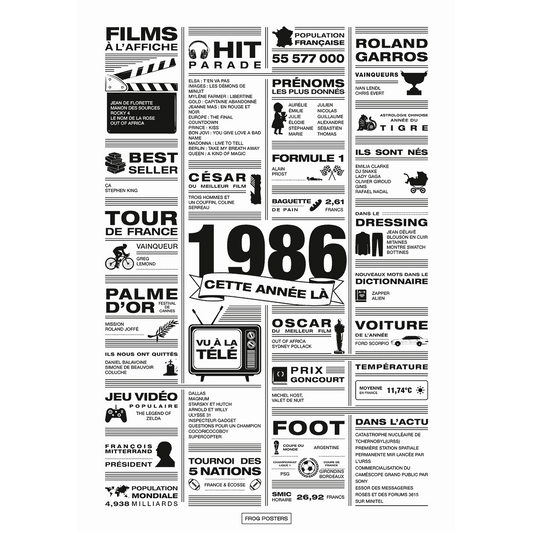 Affiche année 1986 en noir et blanc, poster rétrospective année de naissance 1986, idée cadeau anniversaire