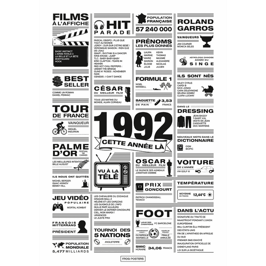 Affiche année 1992 en noir et blanc, poster rétrospective année de naissance 1992, idée cadeau anniversaire
