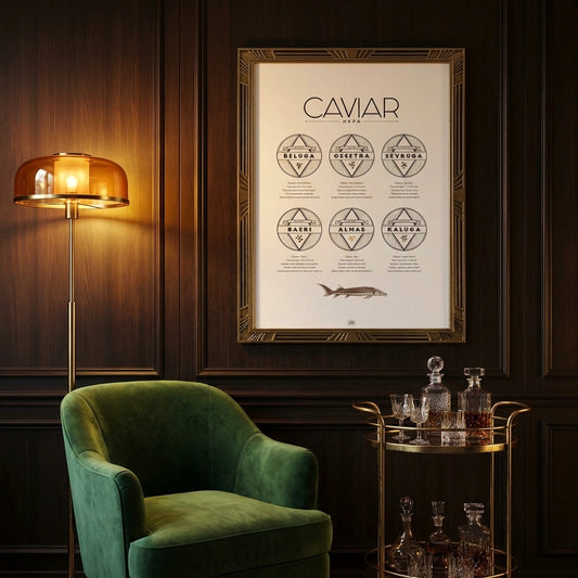 Affiche guide du caviar, des oeufs d'esturgeon beluga, osciètre, sevruga