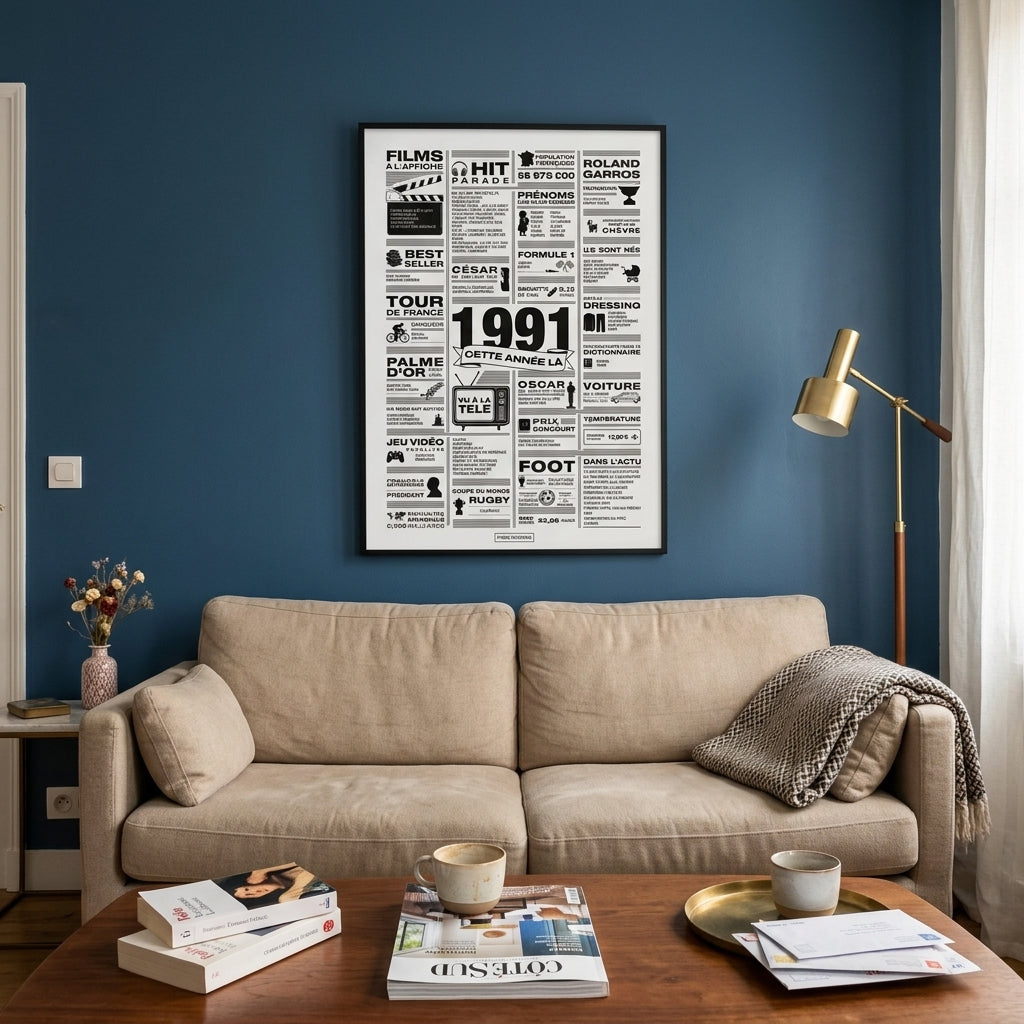 Affiche année 1991 encadrée dans un salon contemporain aux murs bleu profond, poster rétrospective année de naissance 1991, idée cadeau anniversaire, décoration murale rétro noir et blanc 50x70cm