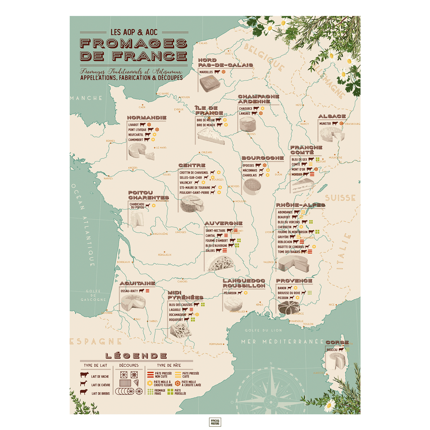 Affiche carte des fromages de france, affiche vintage