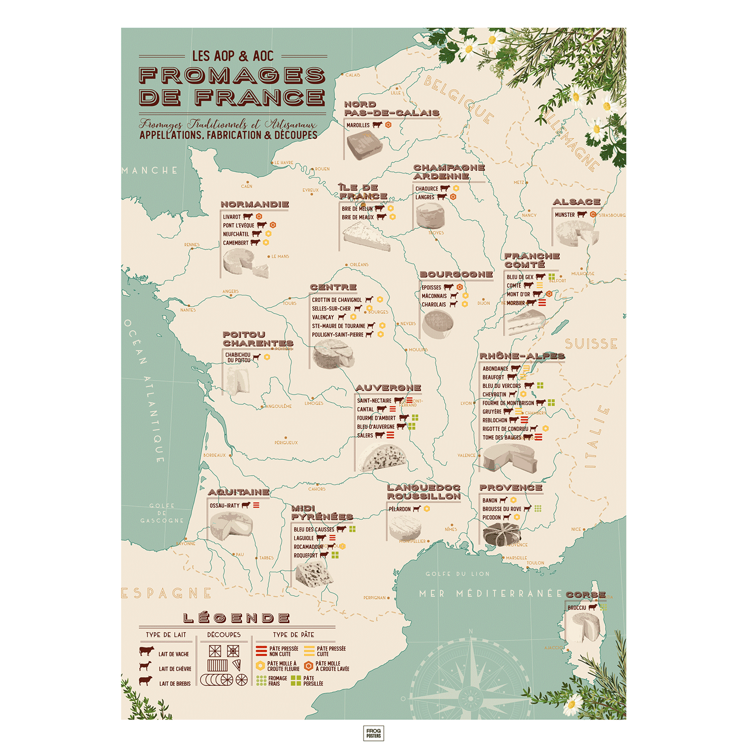 Affiche carte des fromages de france, affiche vintage