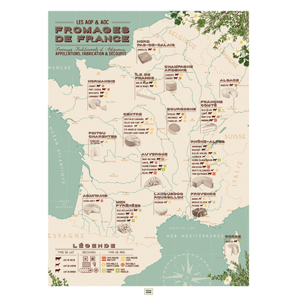 Affiche carte des fromages de france, affiche vintage