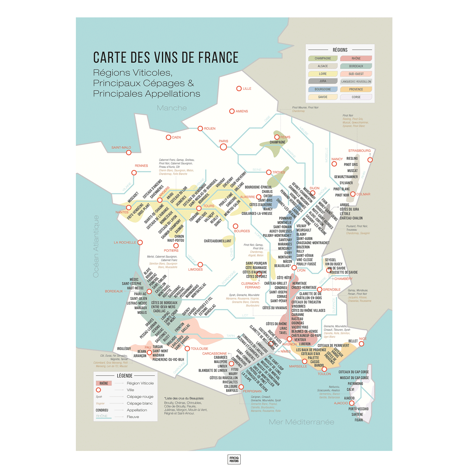 Carte des vins de France, affiche vignoble français régions viticoles, cépages