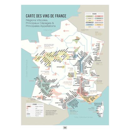 Carte des vins de France, affiche vignoble français régions viticoles, cépages
