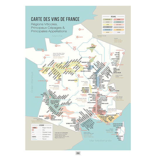 Carte des vins de France, affiche vignoble français régions viticoles, cépages