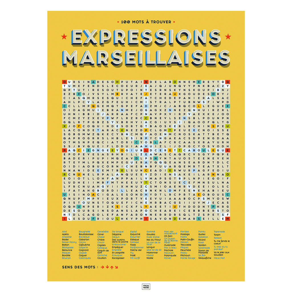 Affiche les expressions marseillaises en mots mêlés, affiche vintage marseille