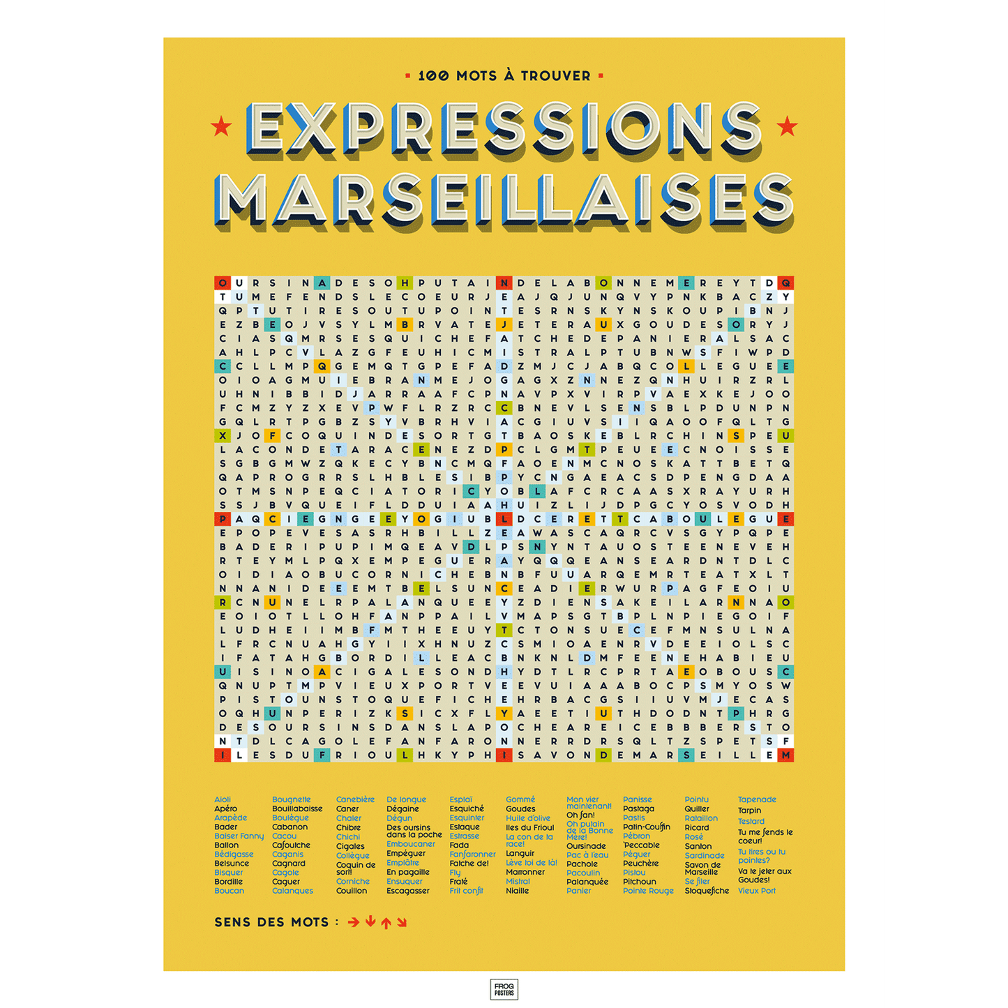 Affiche les expressions marseillaises en mots mêlés, affiche vintage marseille