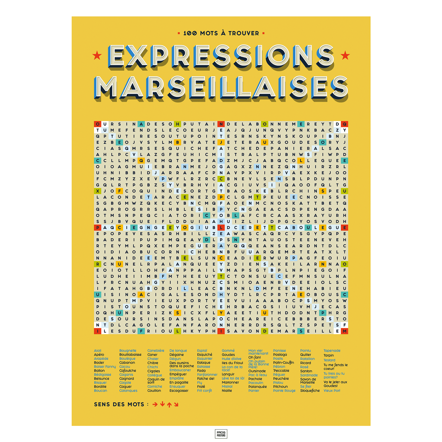 Affiche les expressions marseillaises en mots mêlés, affiche vintage marseille