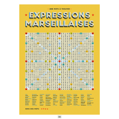 Affiche les expressions marseillaises en mots mêlés, affiche vintage marseille
