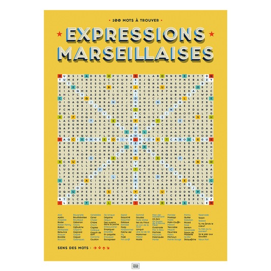 Affiche les expressions marseillaises en mots mêlés, affiche vintage marseille