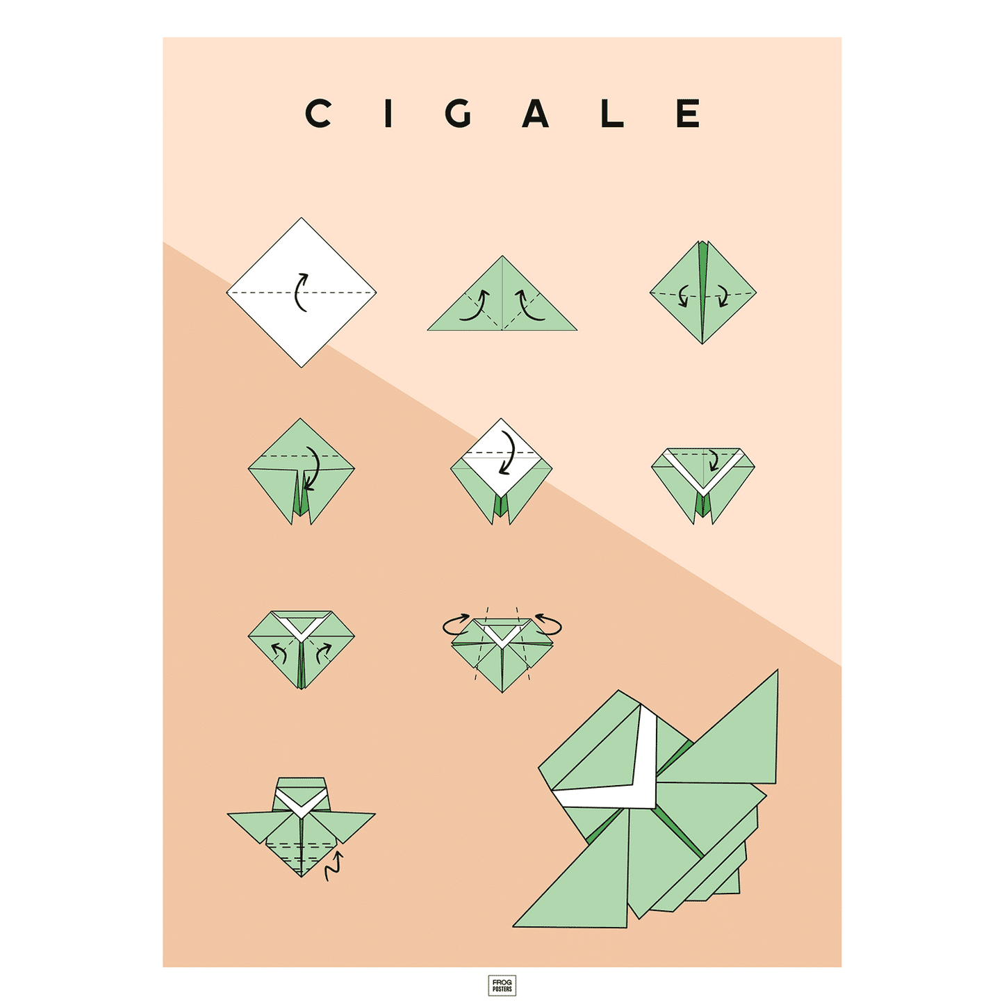 Affiche origami cigale, poster minimaliste géométrique, origami facile
