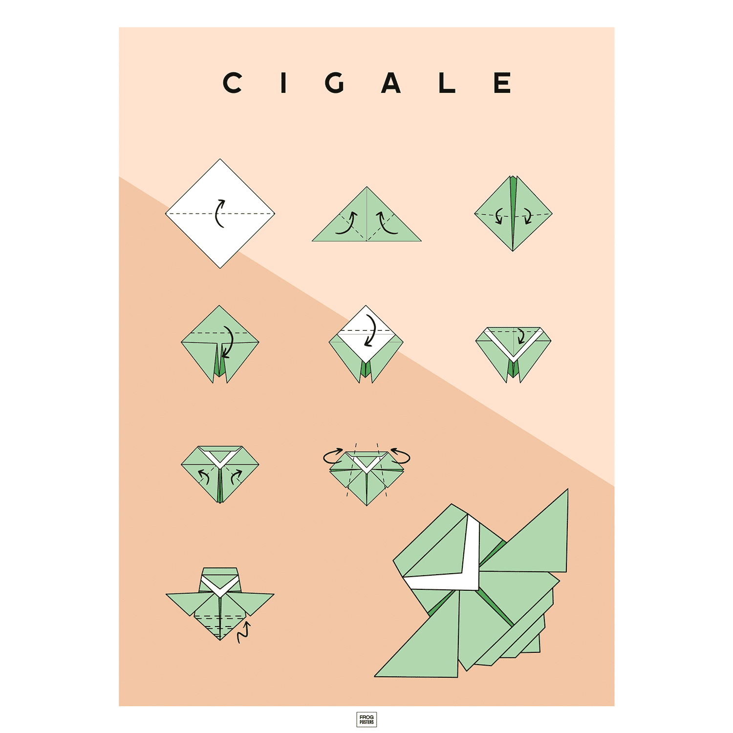 Affiche origami cigale, poster minimaliste géométrique, origami facile