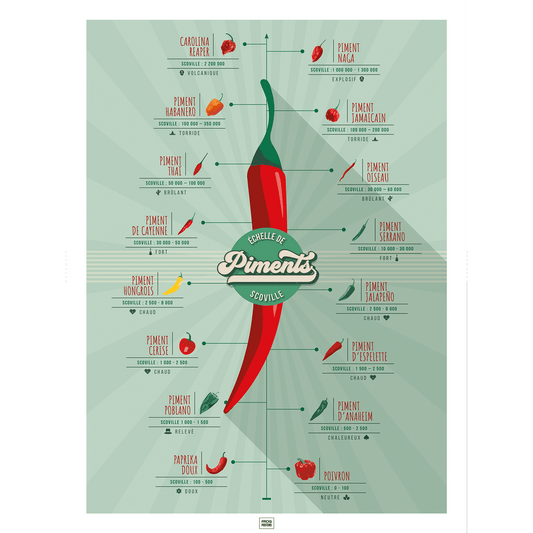 Affiche piments : l'échelle de scoville et la force des piments