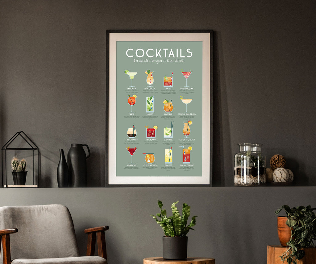 Affiche Cocktails – Les grands classiques et leurs recettes – encadrée et posée sur une étagère murale dans un salon sombre aux tons anthracite