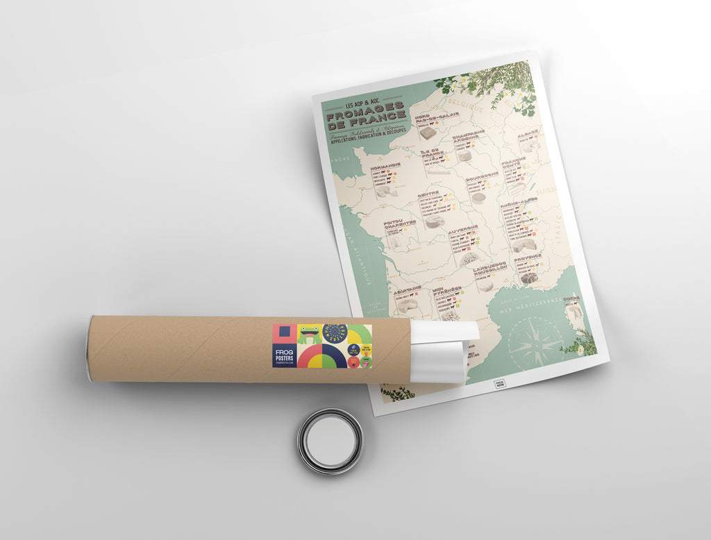 Affiche Carte des Fromages de France AOP & AOC sortie de son tube d'expédition Frog Posters