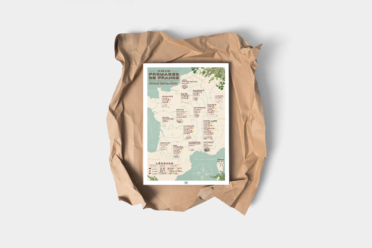 Affiche Carte des Fromages de France AOP & AOC présentée dans son emballage cadeau en papier kraft