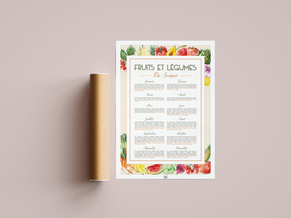 Affiche Fruits et Légumes de Saison posée contre son tube d'expédition Frog Posters sur fond beige