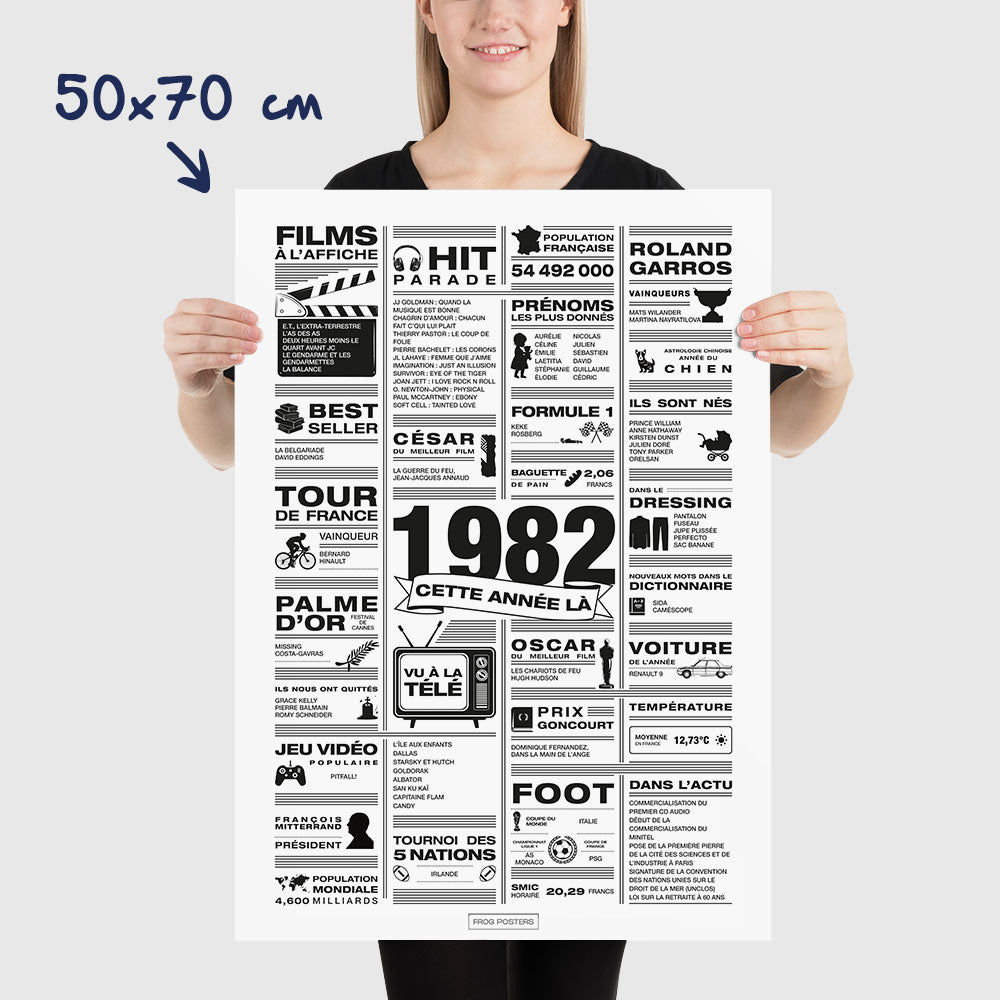 Affiche année 1982 en noir et blanc, poster rétrospective année de naissance 1982, idée cadeau anniversaire
