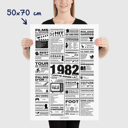 Affiche année 1982 en noir et blanc, poster rétrospective année de naissance 1982, idée cadeau anniversaire
