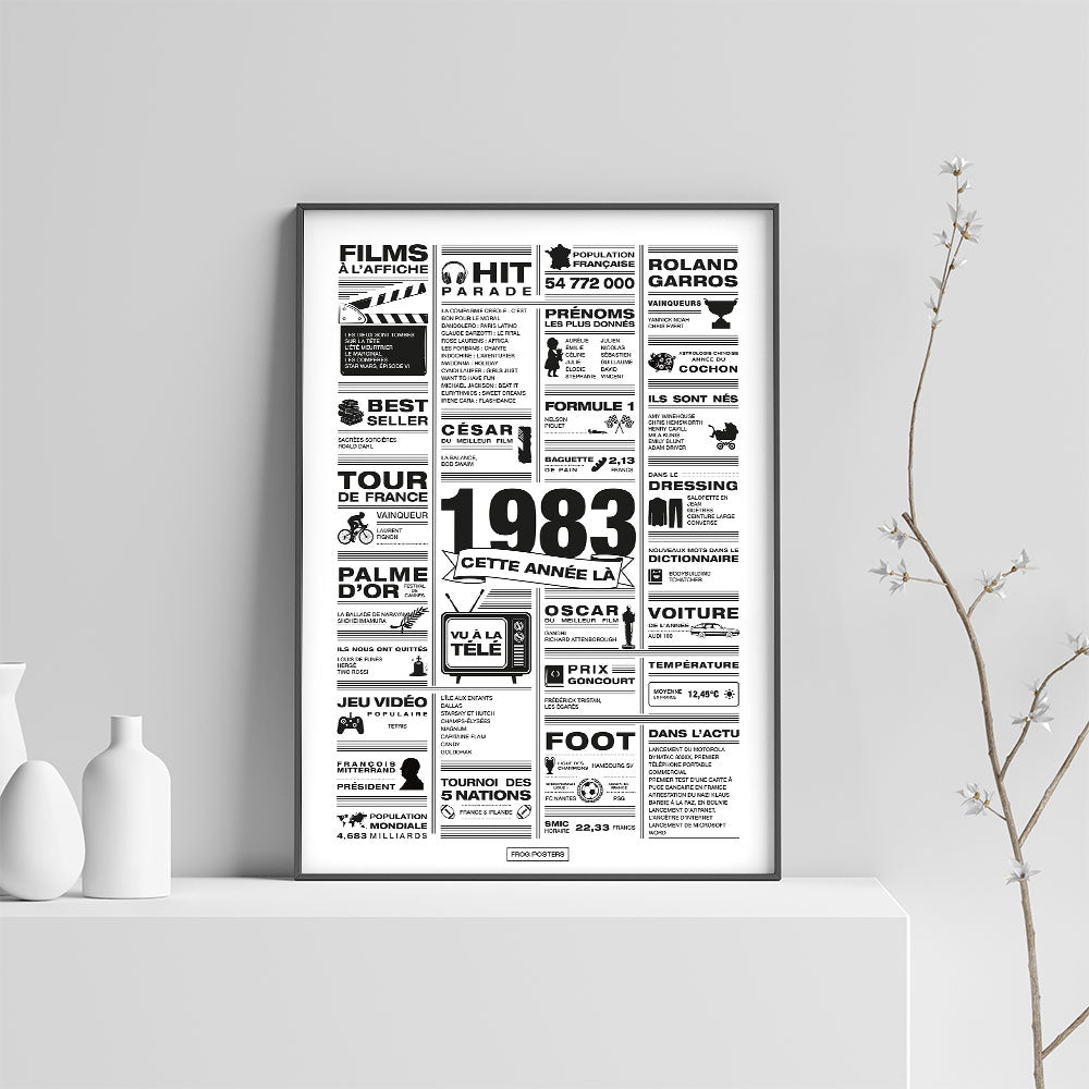 Affiche année 1983 encadrée dans un salon, décoration murale rétro en noir et blanc
