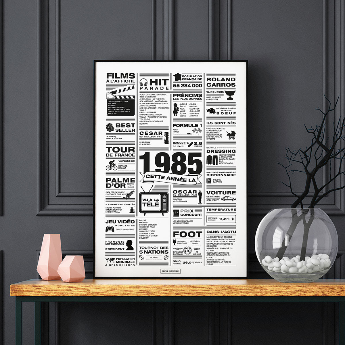 Affiche année 1985 encadrée dans un salon, décoration murale rétro en noir et blanc
