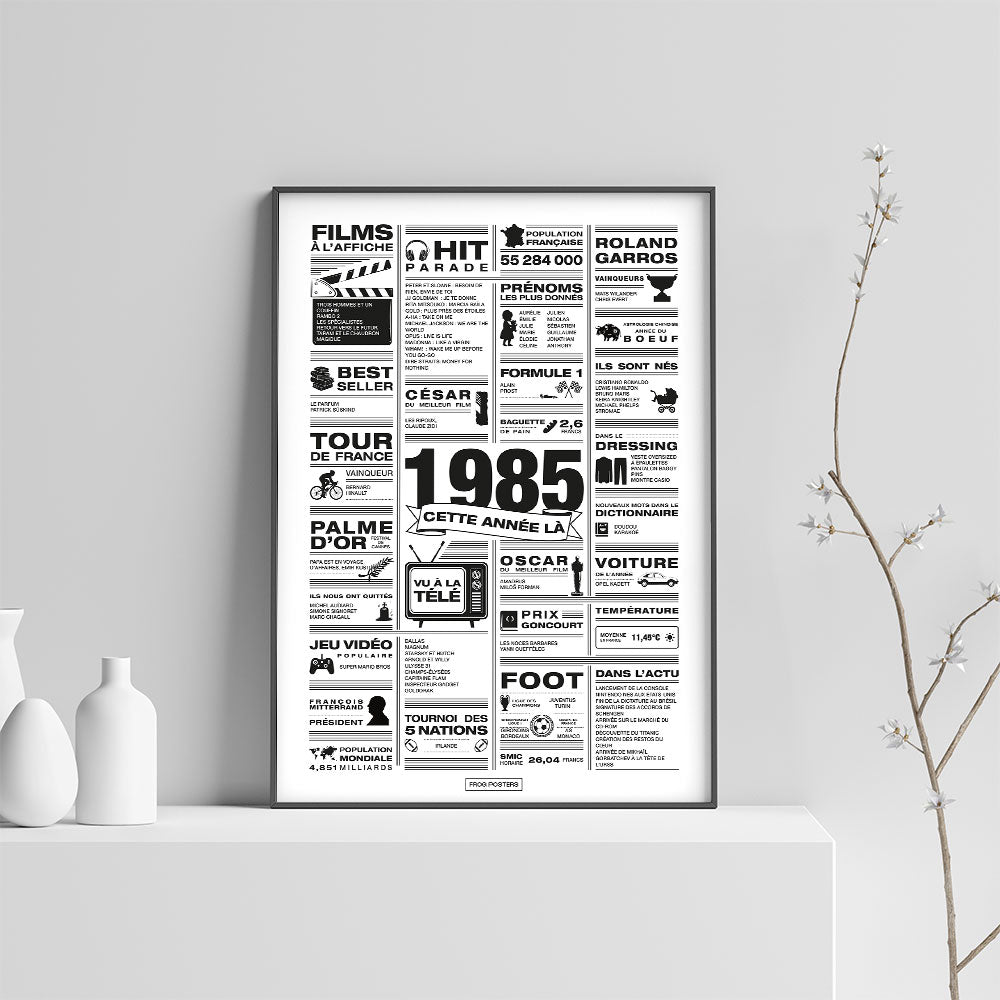 Affiche année 1985 encadrée dans un salon, décoration murale rétro en noir et blanc
