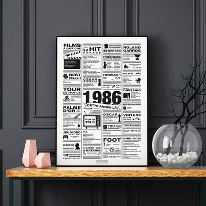 Affiche année 1986 encadrée dans un salon, décoration murale rétro en noir et blanc
