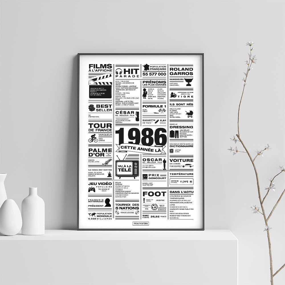 Affiche année 1986 encadrée dans un salon, décoration murale rétro en noir et blanc
