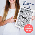 Affiche année 1987 en noir et blanc, poster rétrospective année de naissance 1987, idée cadeau anniversaire