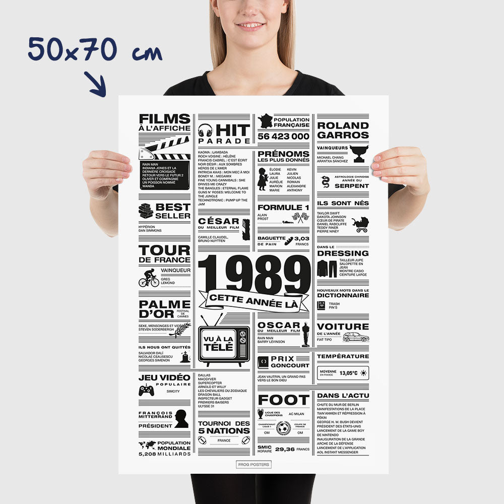 Affiche année 1989 en noir et blanc, poster rétrospective année de naissance 1989, idée cadeau anniversaire