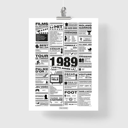 Affiche année 1989 en noir et blanc, poster rétrospective année de naissance 1989, idée cadeau anniversaire
