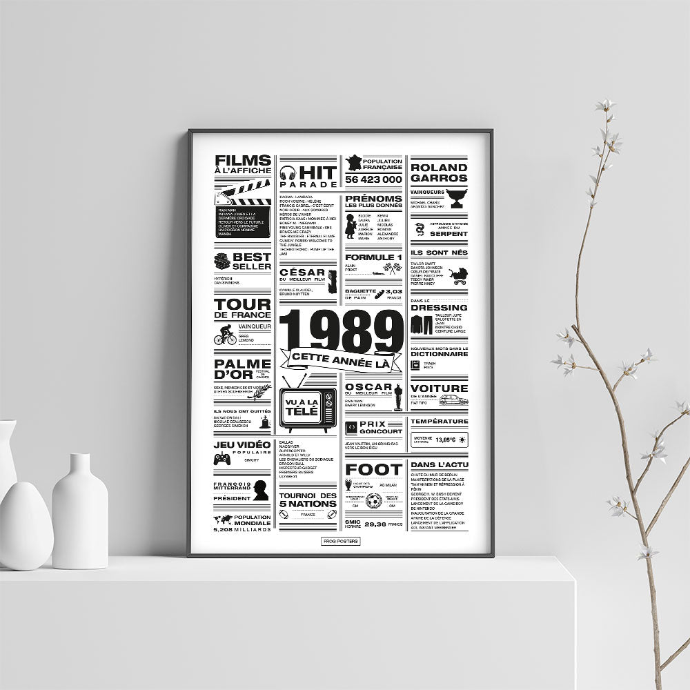 Affiche année 1989 encadrée dans un salon, décoration murale rétro en noir et blanc