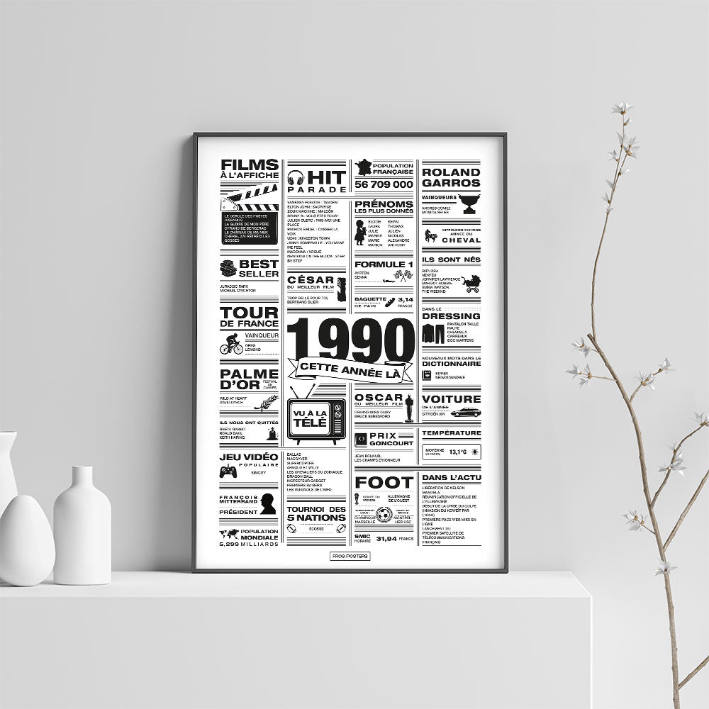 Affiche année 1990 encadrée dans un salon, décoration murale rétro en noir et blanc
