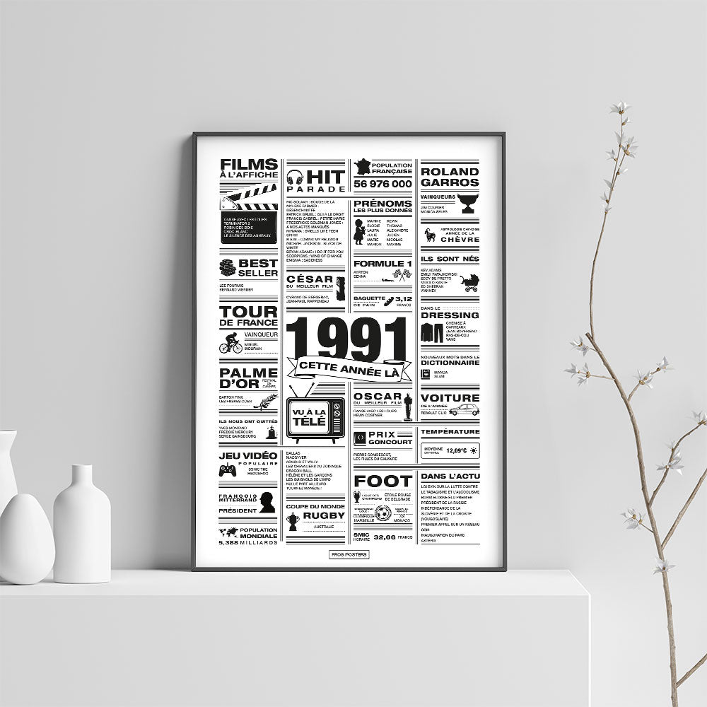 Affiche année 1991 encadrée dans un salon, décoration murale rétro en noir et blanc