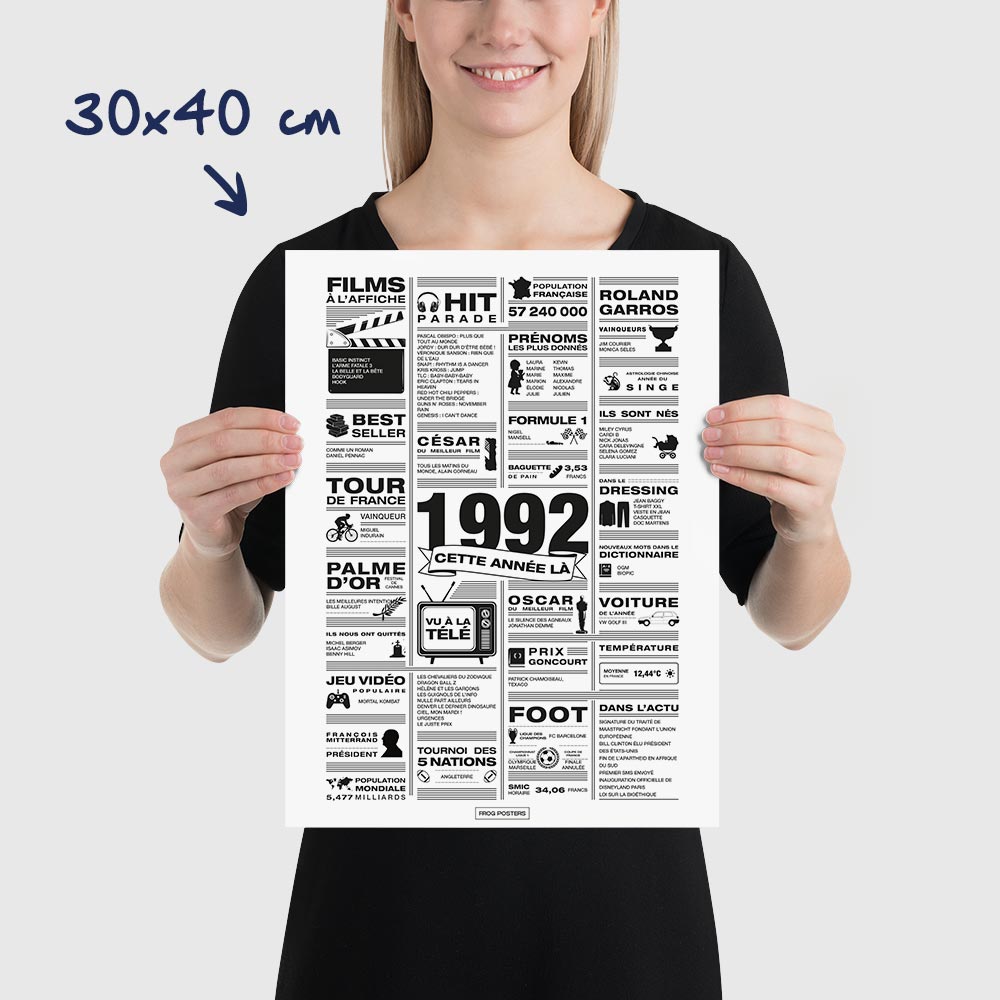 Affiche année 1992 en noir et blanc, poster rétrospective année de naissance 1992, idée cadeau anniversaire