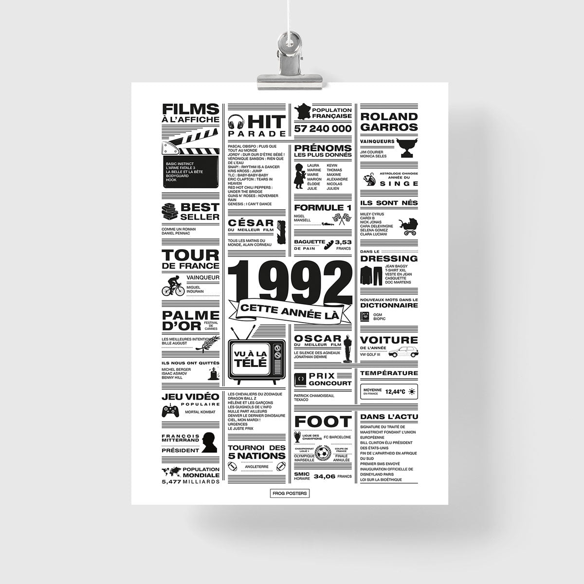 Affiche année 1992 en noir et blanc, poster rétrospective année de naissance 1992, idée cadeau anniversaire