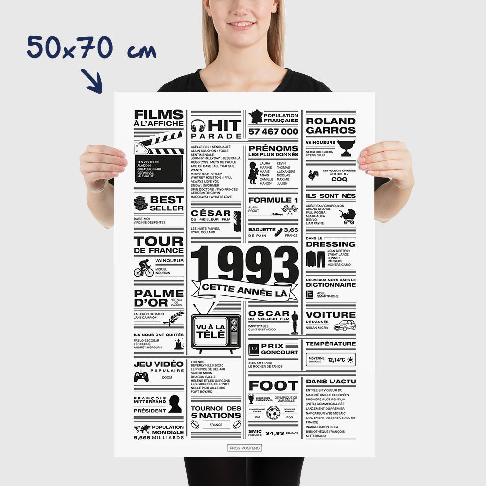 Affiche année 1993 en noir et blanc, poster rétrospective année de naissance 1993, idée cadeau anniversaire