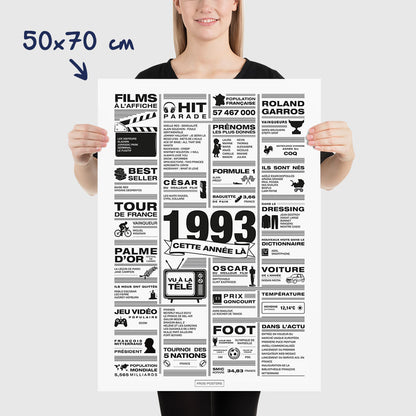 Affiche année 1993 en noir et blanc, poster rétrospective année de naissance 1993, idée cadeau anniversaire
