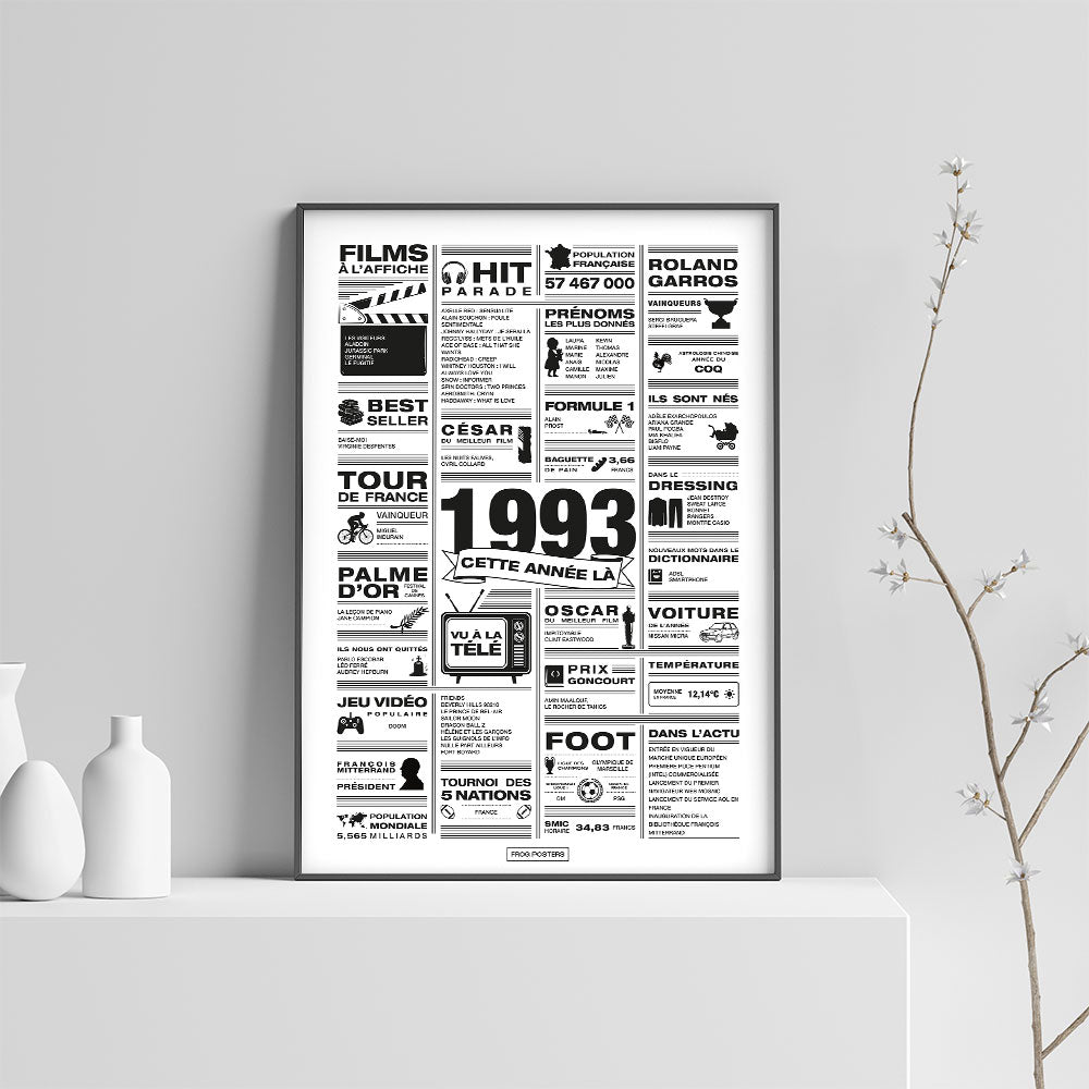 Affiche année 1993 encadrée dans un salon, décoration murale rétro en noir et blanc
