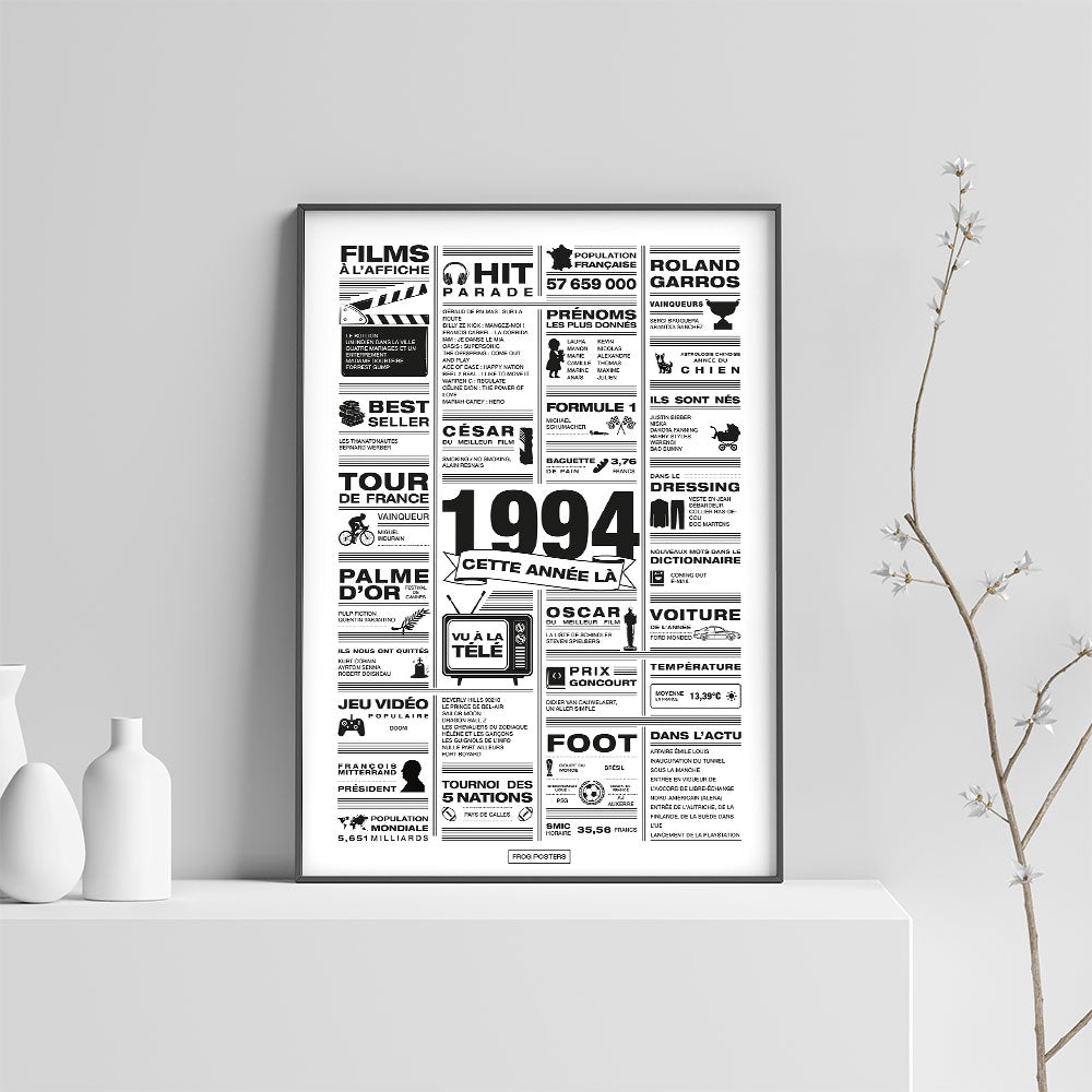 Affiche année 1994 encadrée dans un salon, décoration murale rétro en noir et blanc