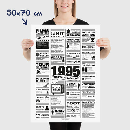 Affiche année 1995 en noir et blanc, poster rétrospective année de naissance 1995, idée cadeau anniversaire