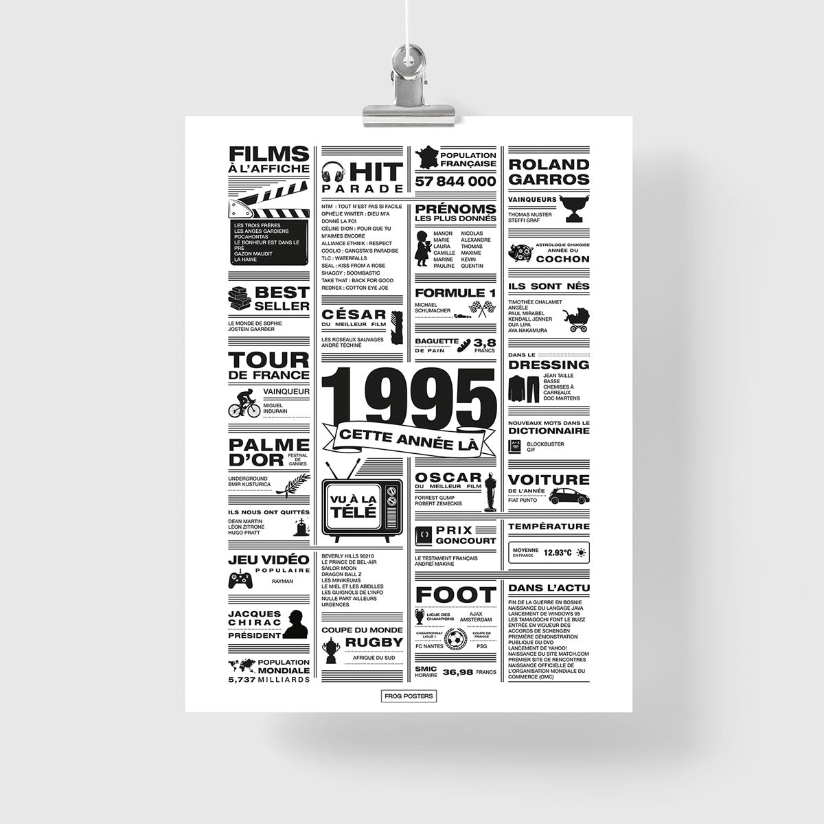 Affiche année 1995 en noir et blanc, poster rétrospective année de naissance 1995, idée cadeau anniversaire