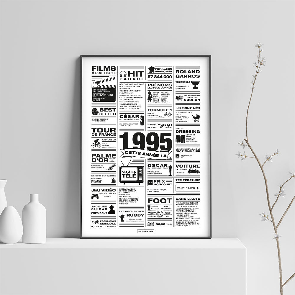 Affiche année 1995 encadrée dans un salon, décoration murale rétro en noir et blanc