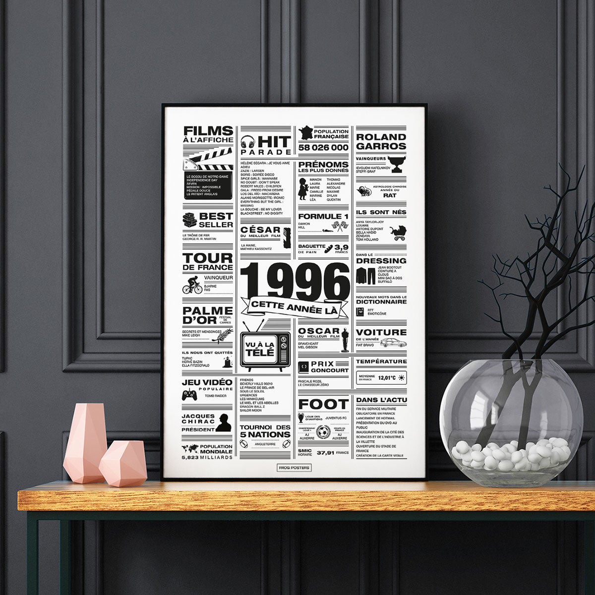 Affiche année 1996 encadrée dans un salon, décoration murale rétro en noir et blanc