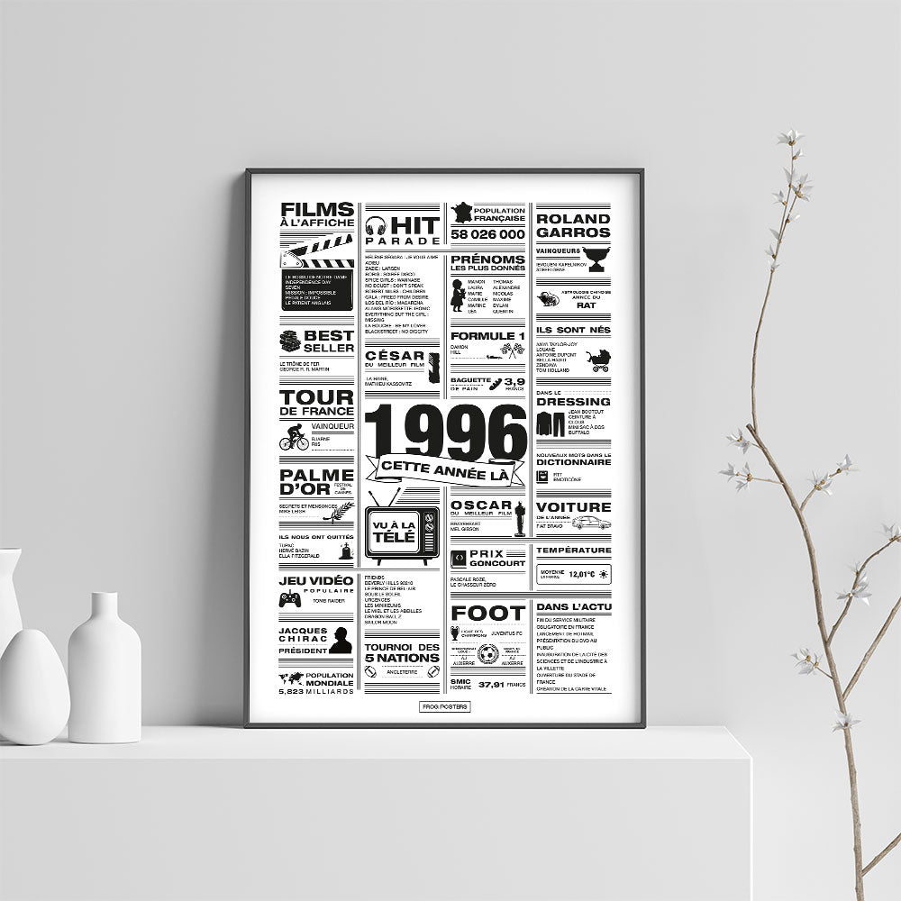Affiche année 1996 encadrée dans un salon, décoration murale rétro en noir et blanc