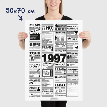 Affiche année 1997 en noir et blanc, poster rétrospective année de naissance 1997, idée cadeau anniversaire