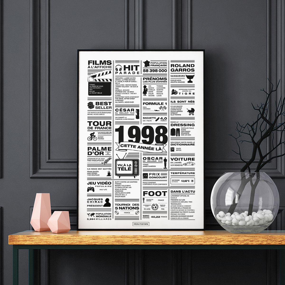 Affiche année 1998 encadrée dans un salon, décoration murale rétro en noir et blanc