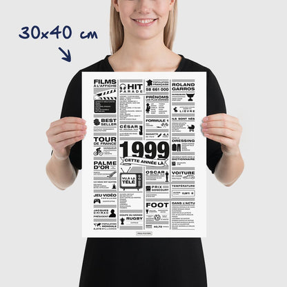 Affiche année 1999 en noir et blanc, poster rétrospective année de naissance 1999, idée cadeau anniversaire